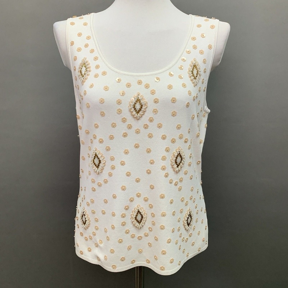 Gardy Women's Knit Tank Top‎ Size Large White Beaded Sleeveless NWT